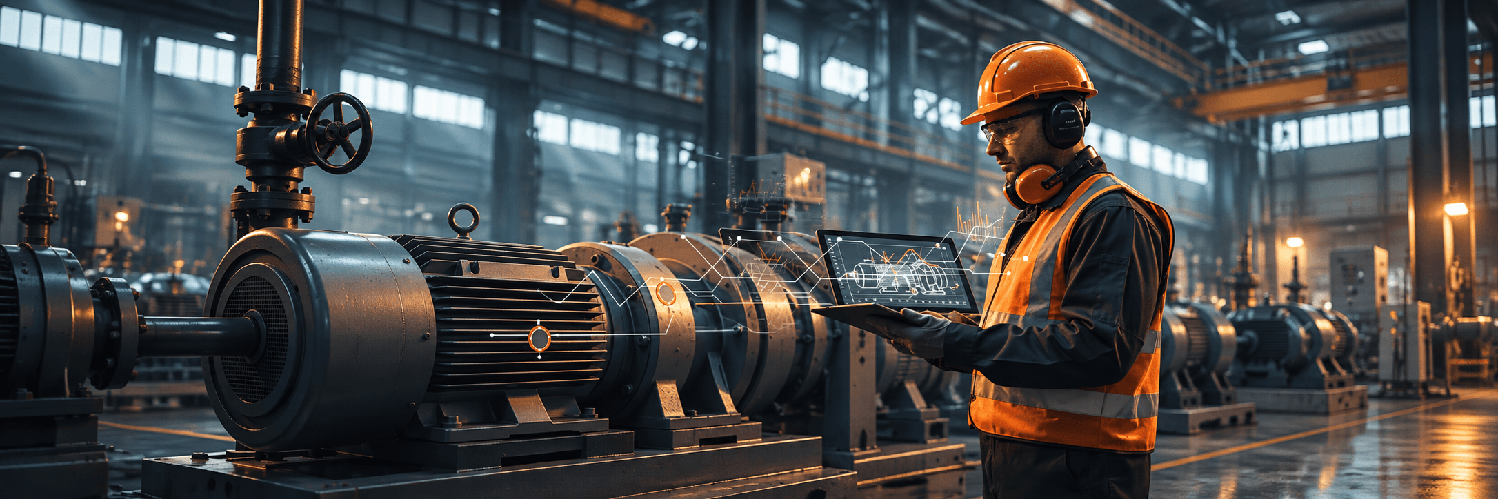 Técnico avaliando uma máquina industrial com instrumentos de diagnóstico